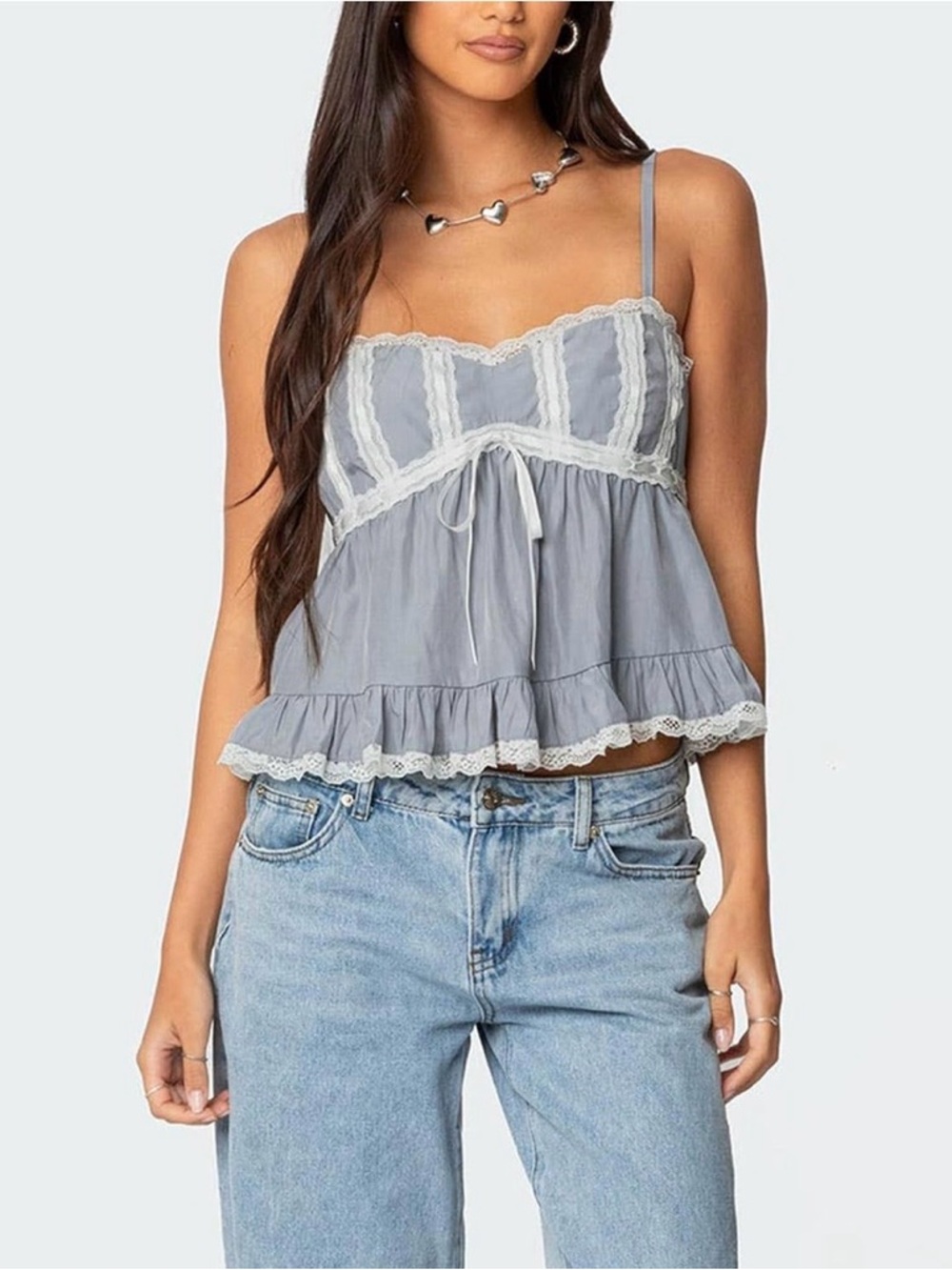 Lace-Trim Grey Peplum Cami Top